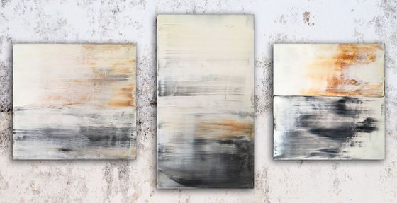 "Neutralized" - Original PMS Abstract Triptych Acrylic Paintings On Reclaimed Wood - 37" x 19"