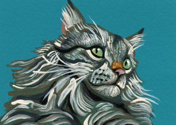 ACEO ATC Original Miniature Painting Grey Maine Coon Pet Cat Art-Carla Smale