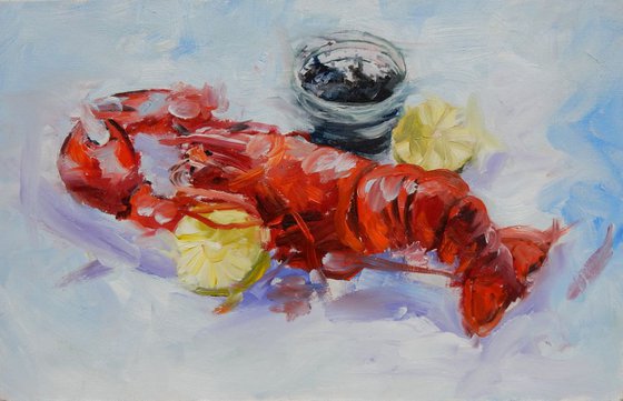 Something for your lunch. Still life with lobster and caviar.
