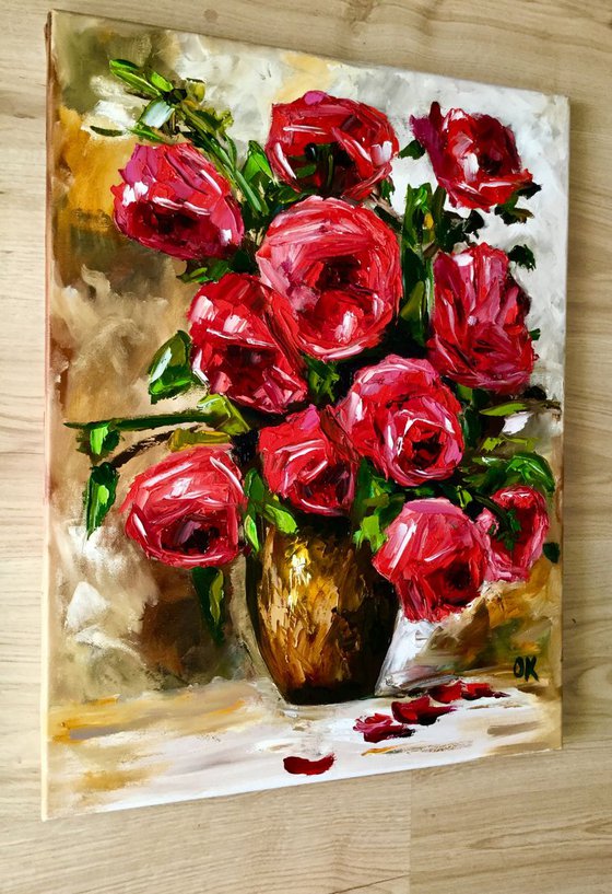 BOUQUET OF RED ROSES  palette knife modern red pink still life  flowers Dutch style office home decor gift