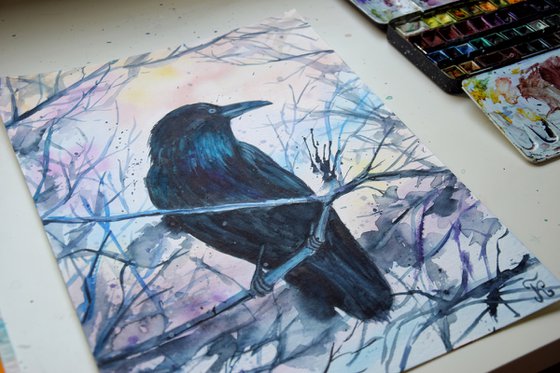 Raven watercolor painting, black crow wall art, gothic home decor, Halloween gift