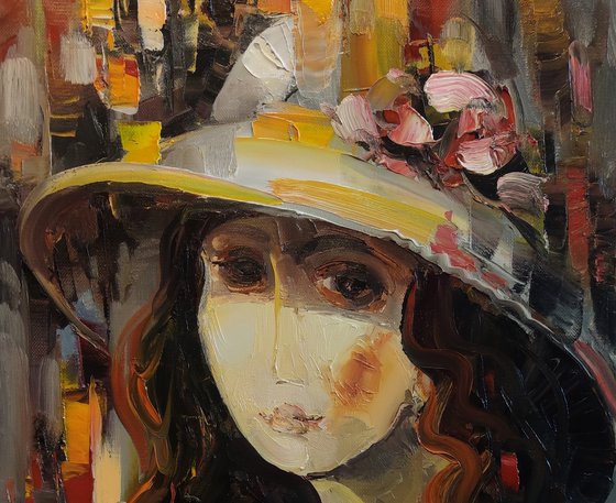 Girl with hat 42x58cm ,oil/canvas, abstract portrait