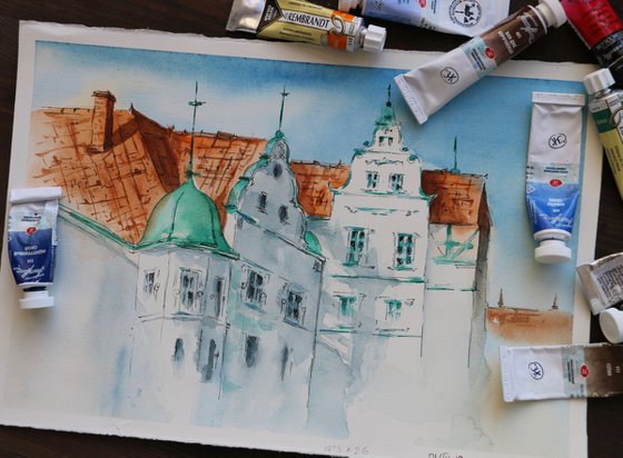 Houses in Dresden. Original watercolor artwork.