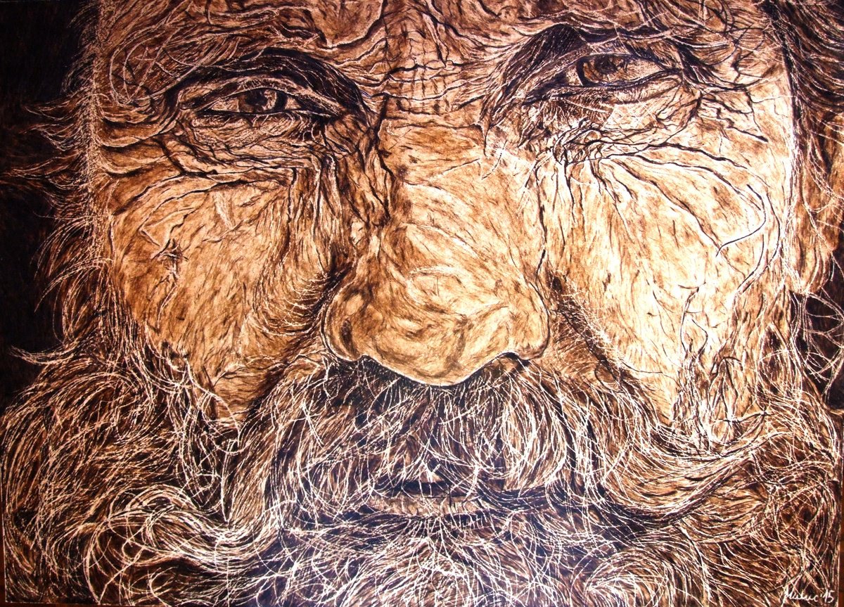 Expressive Portrait Painting By Milis Pyrography, 28 X 20", Tranquility, Original Artwork