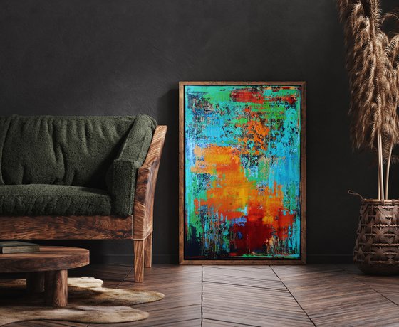 IBIZA - 120 x 80 CM - TEXTURED ACRYLIC PAINTING ON CANVAS * TURQUOISE GREEN RED