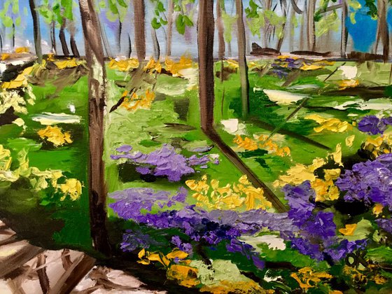 Spring in London park, sunny day sky yellow and purple bloom flowers meadow path trees Original MODERN landscape painting OFFICE DECOR