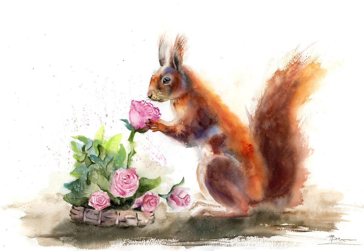 Illustrative Animal Watercolour By Olga Tchefranov (Shefranov), 20 X 14", Squirrel And Flower, Original Artwork