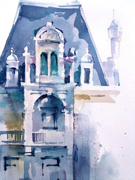 Architectural landscape in watercolor. Mansandra Palace in Yalta