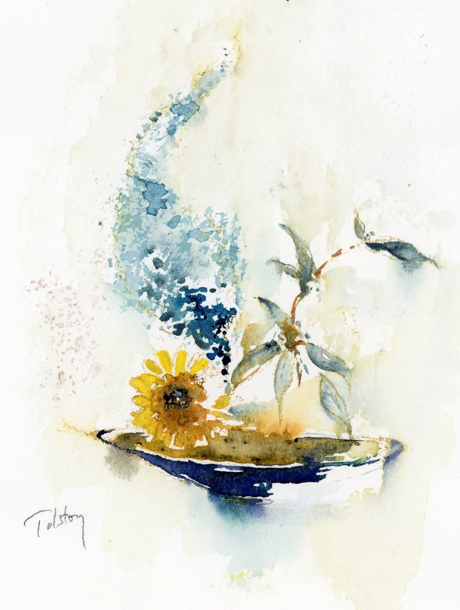 Impressionistic Botanical Watercolour By Alex Tolstoy, 10 X 14, Sunflower & Ikebana, Original Artwork