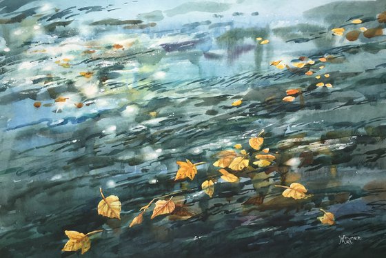 Autumn river. City river painting.