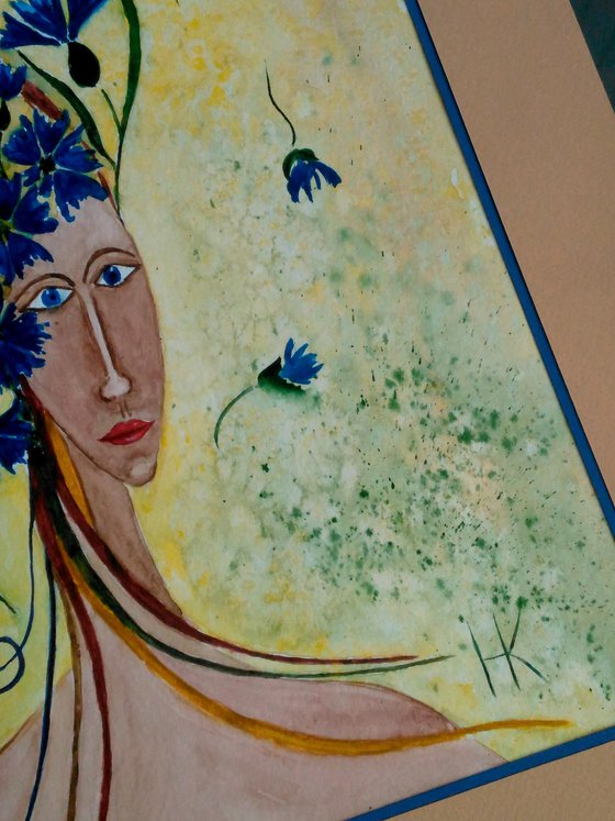 Flower Head Painting Cornflowers Original Art Woman Artwork Female Portrait Watercolor Wall Art 12 by 17 inches