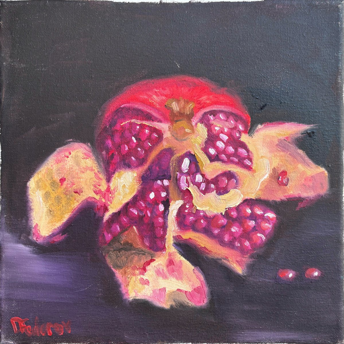 Impressionistic Still Life Oil Painting By Dmitry Fedorov, 10 X 10, Still Life With Pomegranate, Original Artwork