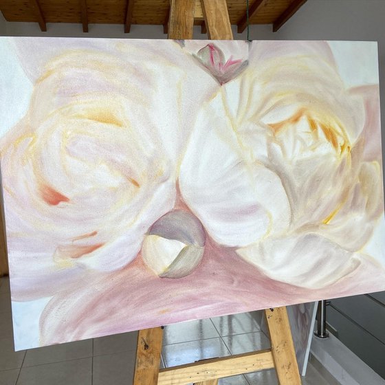 OIL PAINTING WITH WHITE PEONIES "AROMA” 70/100 cm