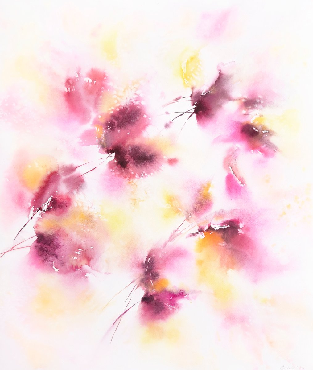 Pink and yellow abstract flower painting November bouquet by Olya Grigo