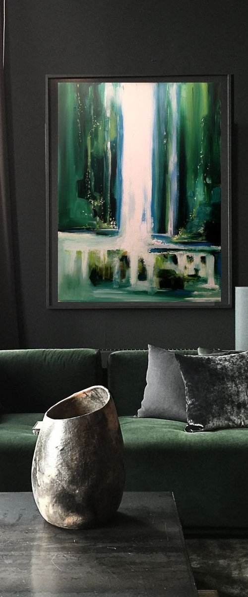 Light emerald green double waterfall-original abstract painting- 46 x 61 cm (18' x 24') by Carlo Toma