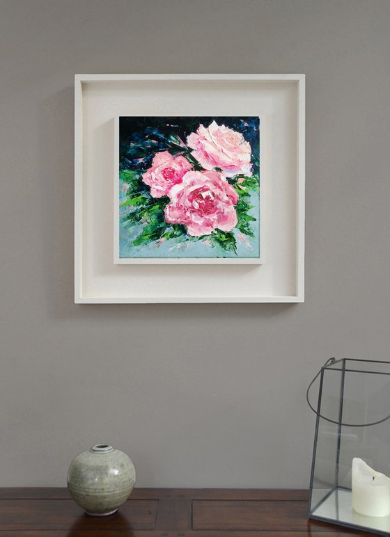 Pink Roses Painting Original Art Small Floral Wall Art Rose Flower Artwork Palette Knife 8 by 8