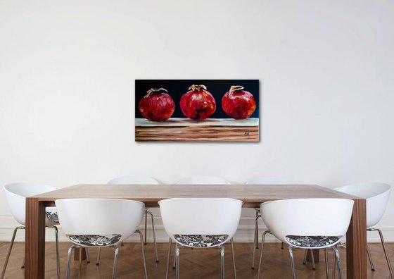 Still life with three Pomegranates fruits still life original oil painting on canvas wall decor