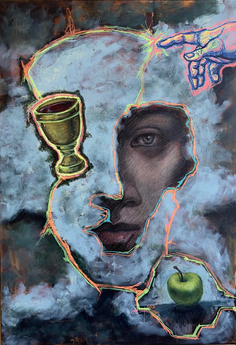 Expressive Portrait Acrylic Painting By Nikola Gulev, 28 X 39", "Creation", Original Artwork