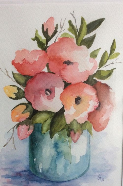 Pink Roses in Glass Jar by Linda Bartlett