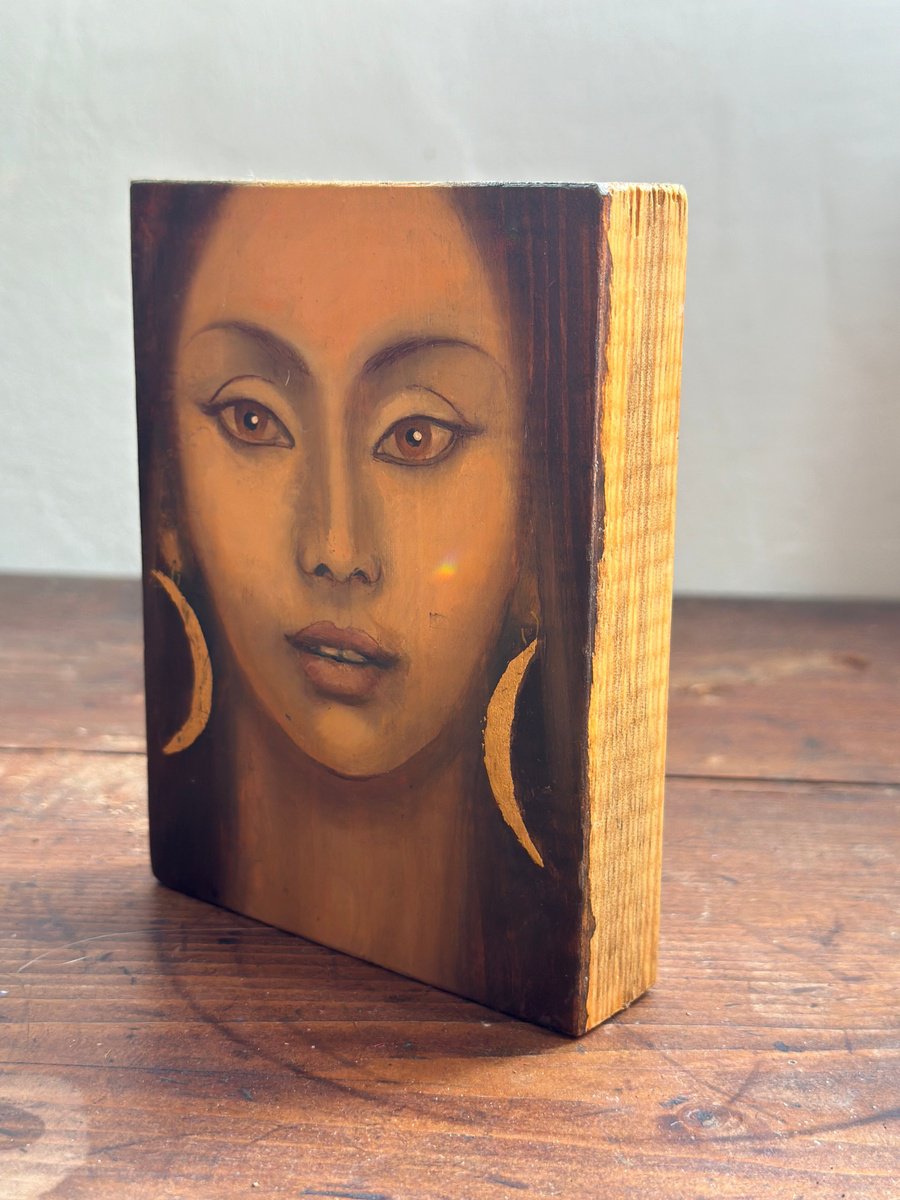 Naive Portrait Oil Painting By Fosco Culto, 4 X 5, Lunar Goddess, Original Artwork