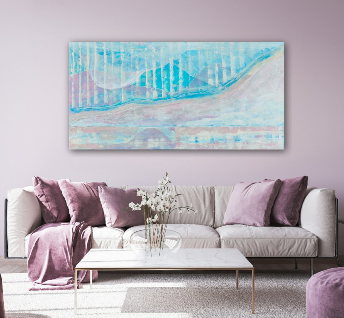 Abstract Oil Painting By Elide Pizzini, 47 X 24, Pink Mountains, Original Artwork