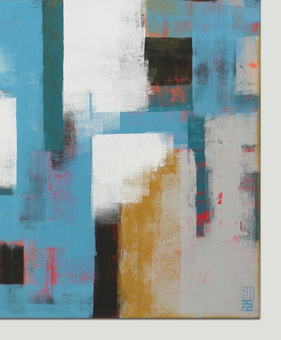 Vertical Abstract Painting: Untitled in Blue & Grey - 90x110 cm - Ronald Hunter - 2O