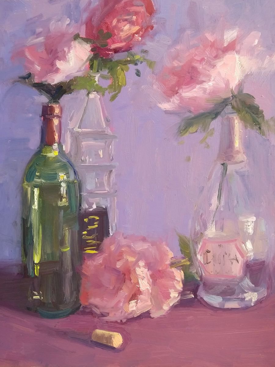 Impressionistic Still Life Oil Painting By Kristina Sellers, 11 X 14", Bottles And Blooms, Original Artwork