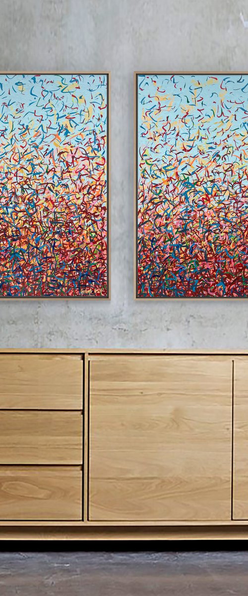 Darwin Pollen Dance A & B - 79cm squ each - acrylic on canvas by George Hall