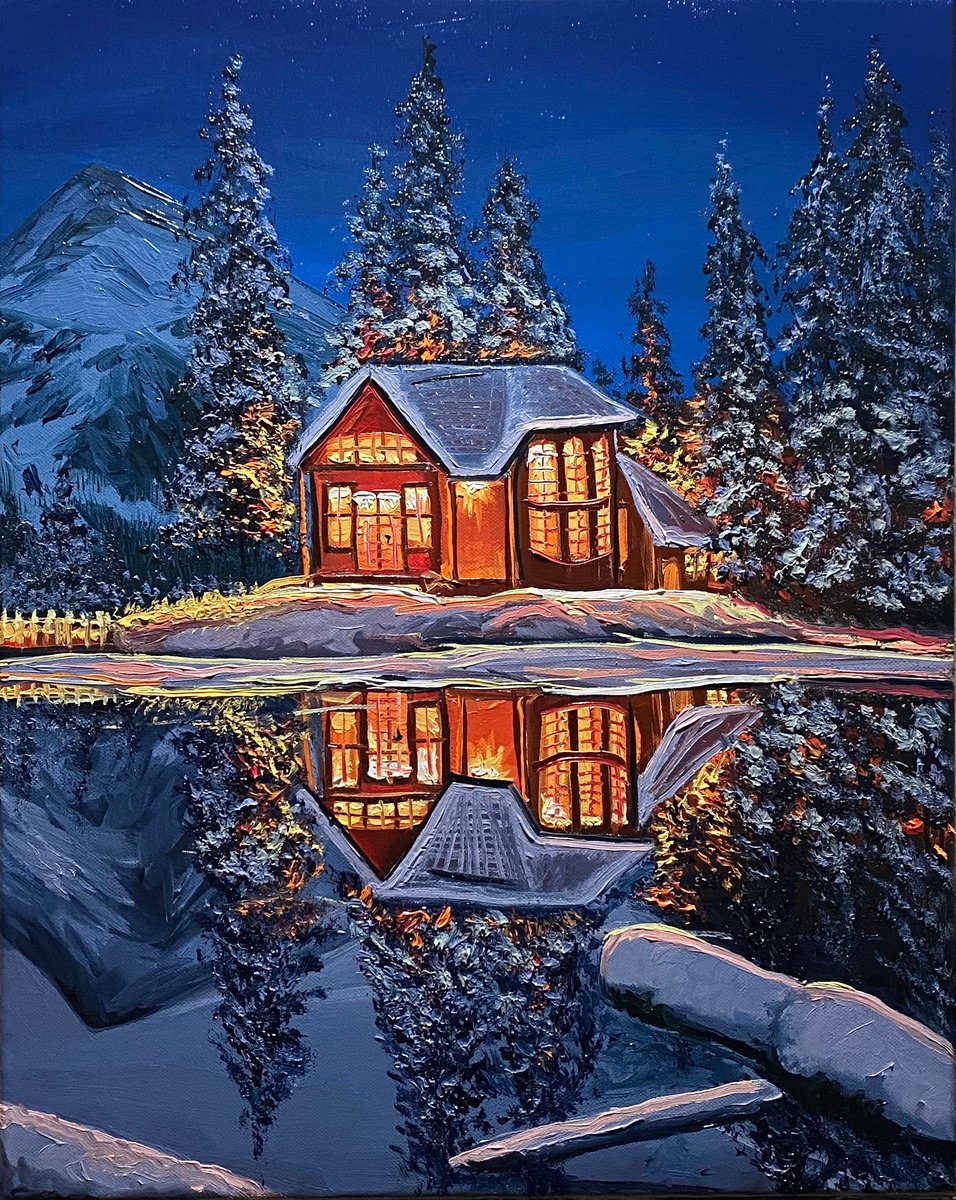 Impressionistic Landscape Oil Painting By Elena Adele Dmitrenko, 16 X 20, Christmas Evening, Original Artwork