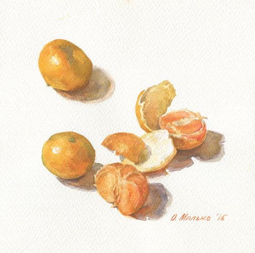 Tangerines / Original painting Kitchen watercolor Fruit still life Orange artwork by Olha Malko