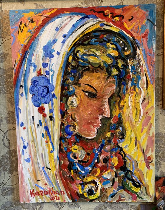 PORTRAIT OF A BEAUTIFUL GIRL IN A SCARF  female portrait, face, original oil painting, love, young girl 75x50