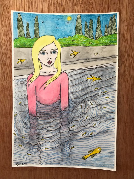 Girl in Water - Original mixed media painting