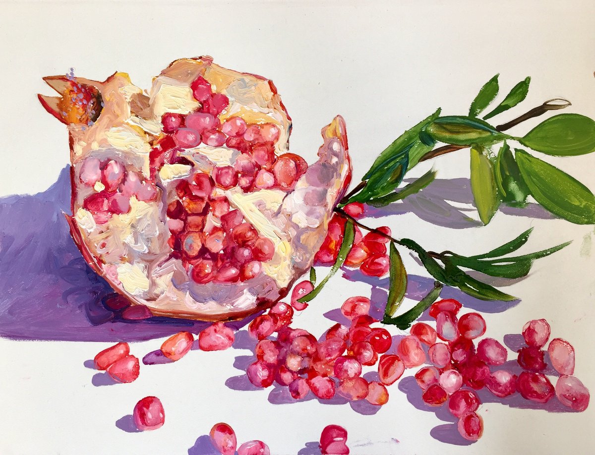 Impressionistic Still Life Oil Painting By Khanlar Asadullayev, 17 X 13", Sweet Pomegranate, Original Artwork
