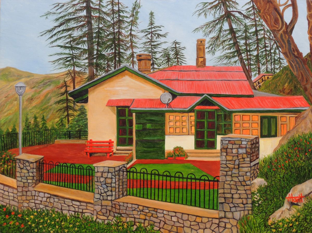 Photorealistic Landscape Oil Painting By Ajay Harit, 40 X 30, Dream House In Simla, Original Artwork