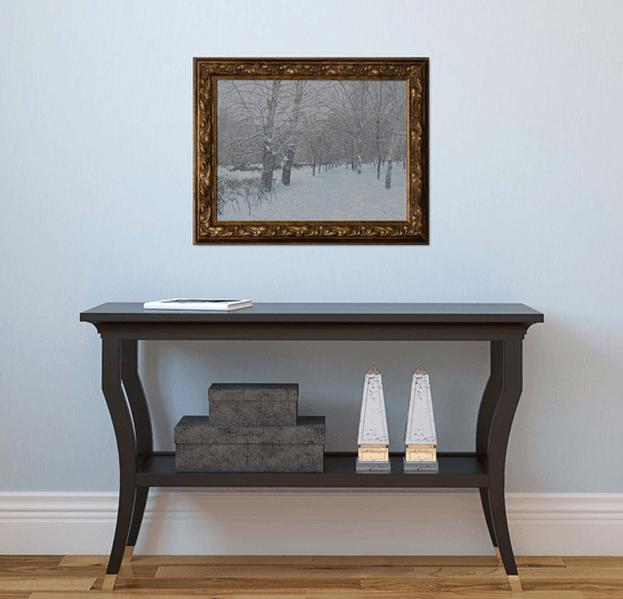 Snow-covered boulevard in Maryino