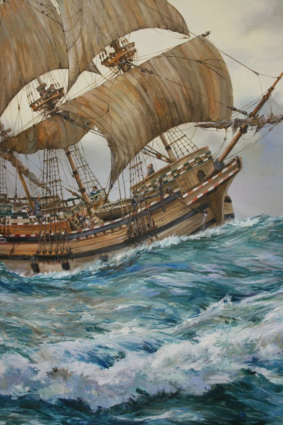 THE MAYFLOWER IN HEAVY SEAS, 1620