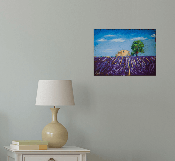 Lavender field in Provence. Medium oil pastel drawing bright colors France