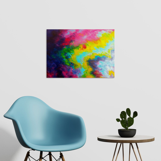 Abstract Art Colourful Expressive Painting Rainbow Waves Blue Pink Yellow Red