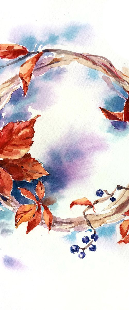 Autumn Leaves Wreath original watercolor artwork by Ksenia Selianko