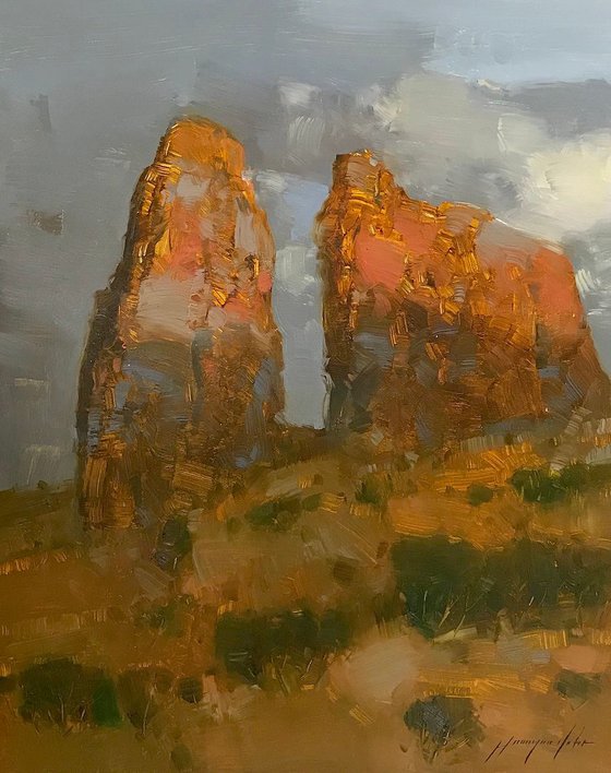 Cliff Mountain, Landscape, Original oil painting, One of a kind Signed