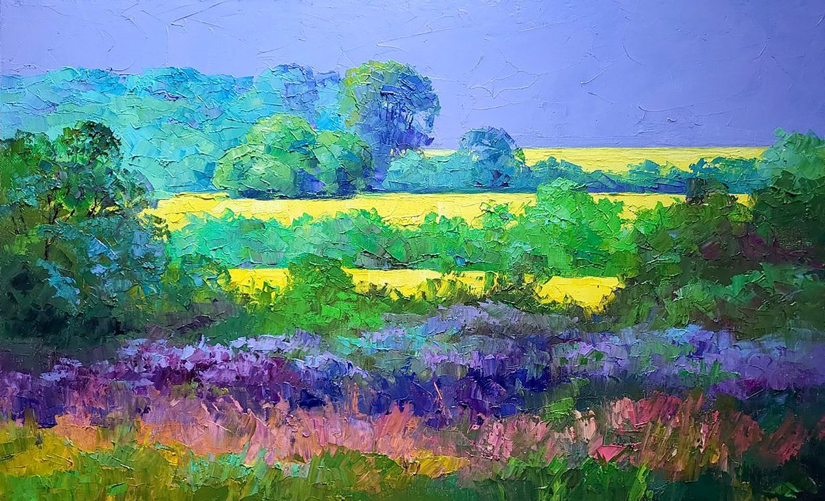 Impressionistic Landscape Oil Painting By Boris Serdyuk, 31 X 20, Rapeseed Fields, Original Artwork
