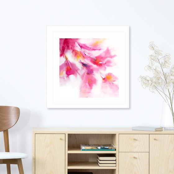 Pink abstract flowers, magenta watercolor floral painting