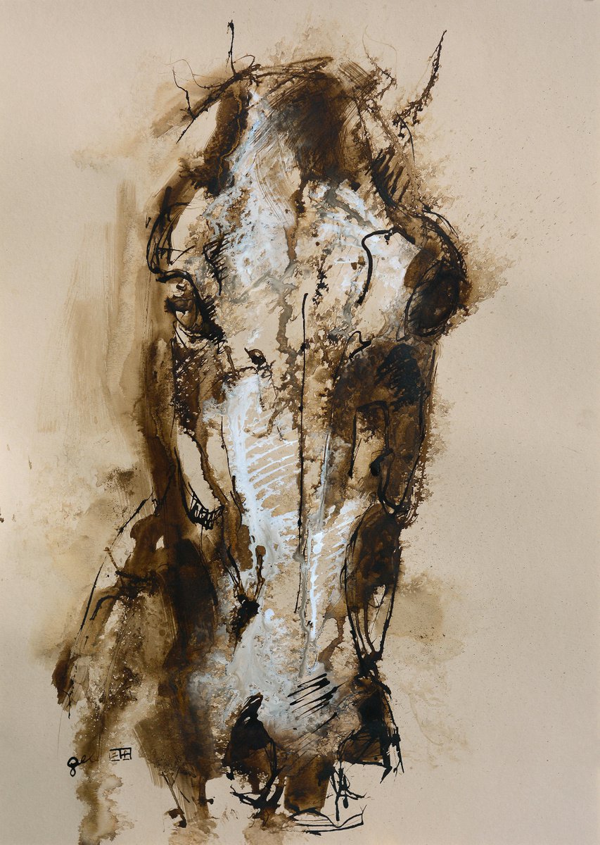 Expressive Animal Ink Drawing By Benedicte Gele, 17 X 23, Face To Face 7A, Original Artwork