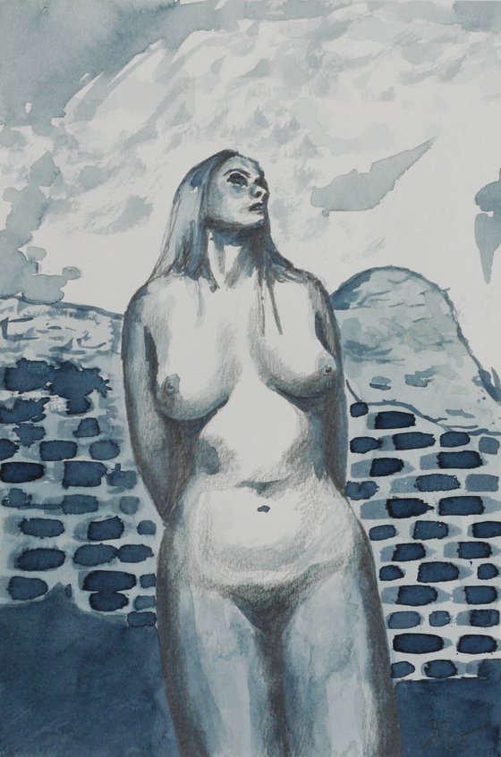 Blue Nude with Stone Wall