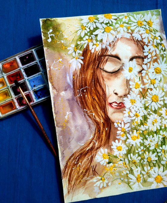 Flower Head Painting Woman Original Art Daisy Watercolor Chamomile Artwork Floral Wall Art 10 by 14 inches