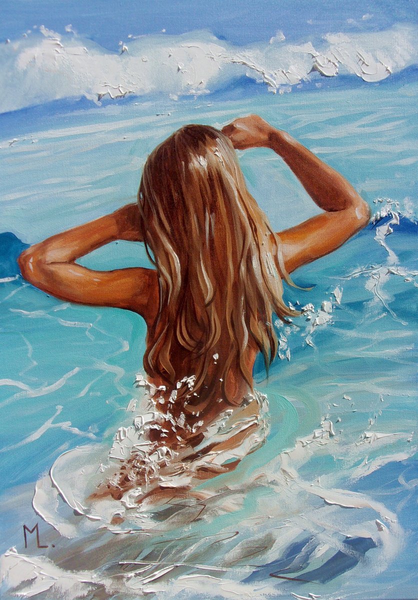 Expressive Portrait Oil Painting By Monika Luniak, 20 X 28", " Holiday In Blue Waves ", Original Artwork