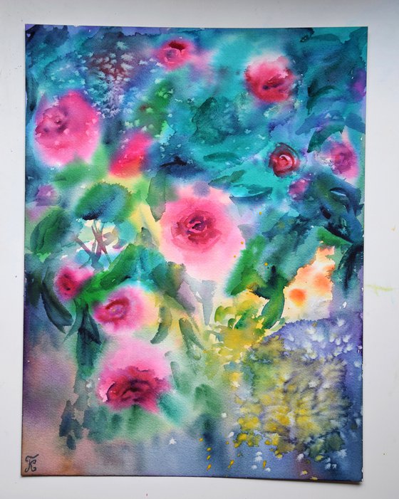 Roses Watercolor Painting, Abstract Wall Art, Pink Flowers Original Artwork