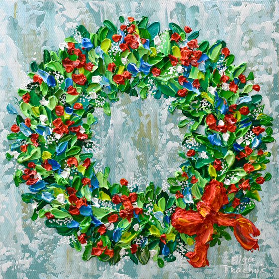 Christmas Wreath - Acrylic Palette Knife Painting, Holiday Décor
