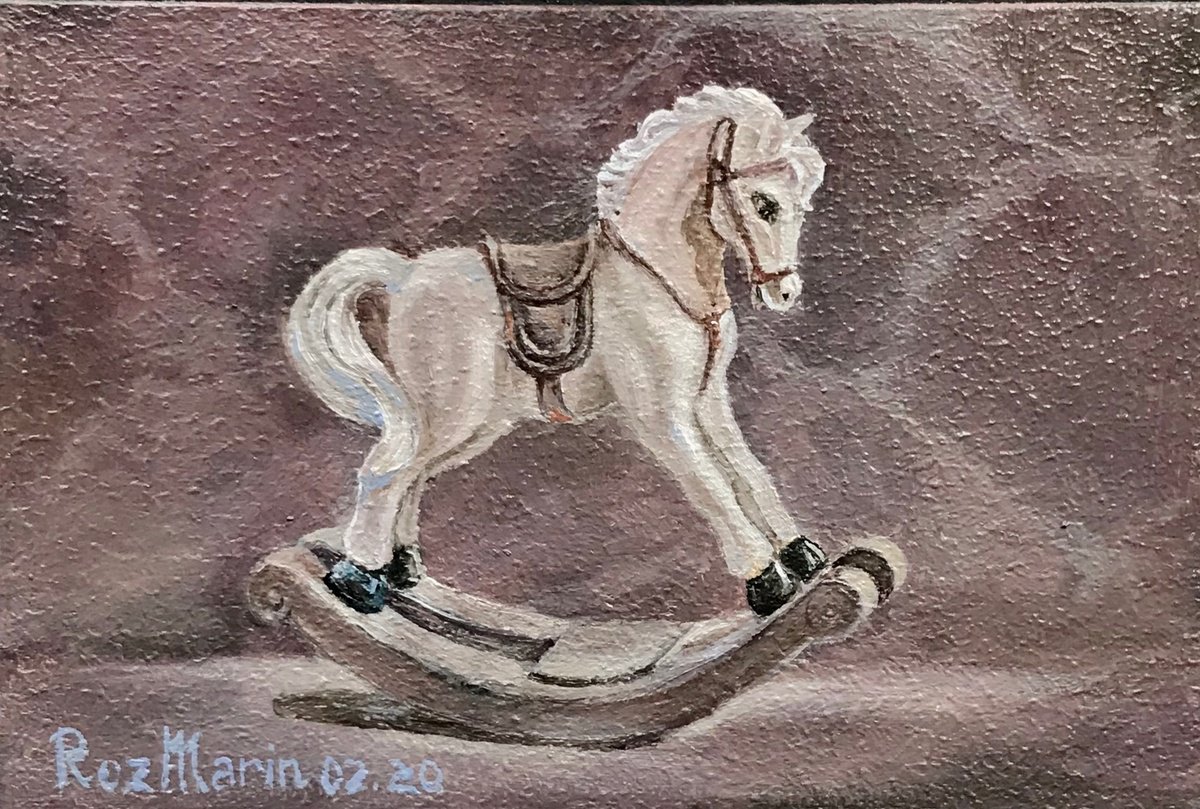 Naive Animal Oil Painting By Marina Deryagina, 1 X 1", Rocking Horse 1.6, Original Artwork