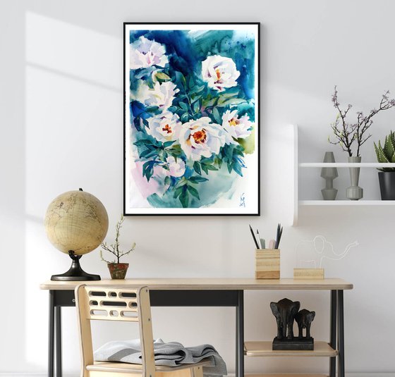 "Blooming white peonies in the evening" original botany watercolor artwork